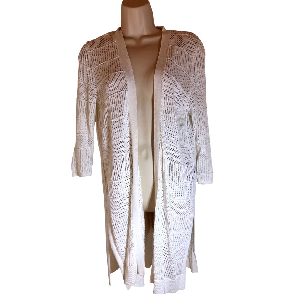 August Silk Open Knit Longline Cardigan White Women's Size‎ M